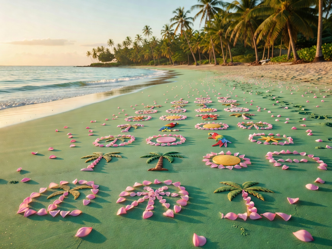 A lovely green beach with pink petals representing tropical slots.
