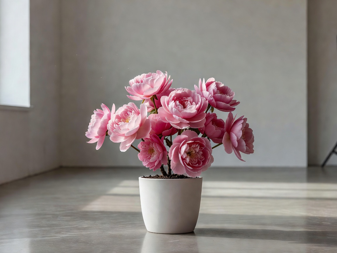 Beautiful pink flowers growing in a studio space.