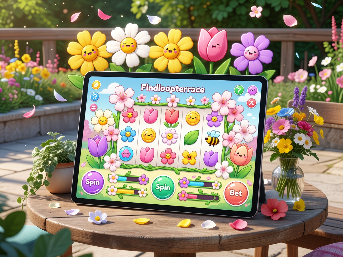Findloopterrace Flower-Themed Social Casino Interface showcasing cartoon blossoms and reels.