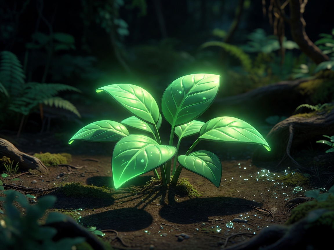 Glowing cartoonish green leaves representing organic gameplay.