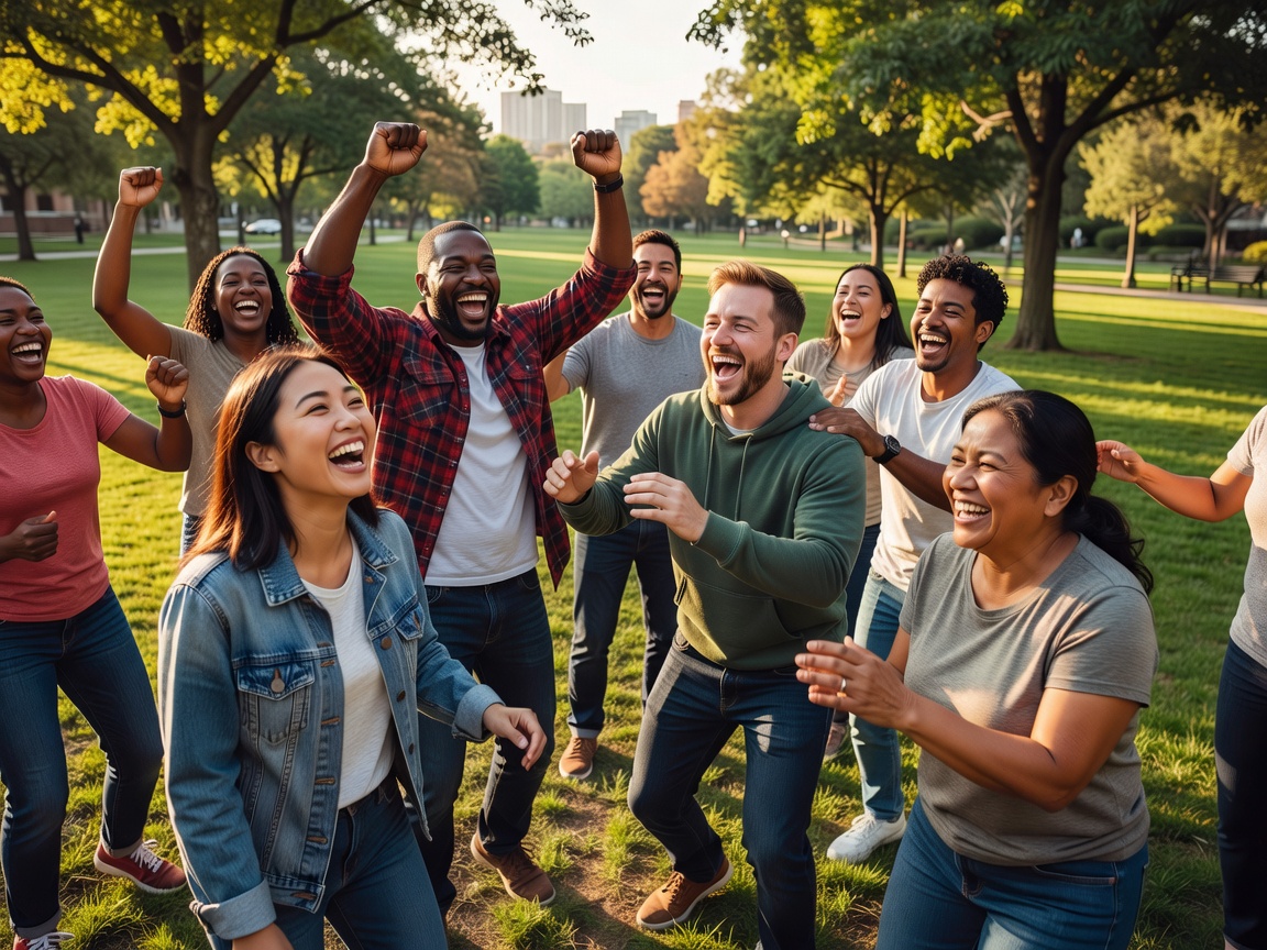 Group of diverse people cheering and laughing together.