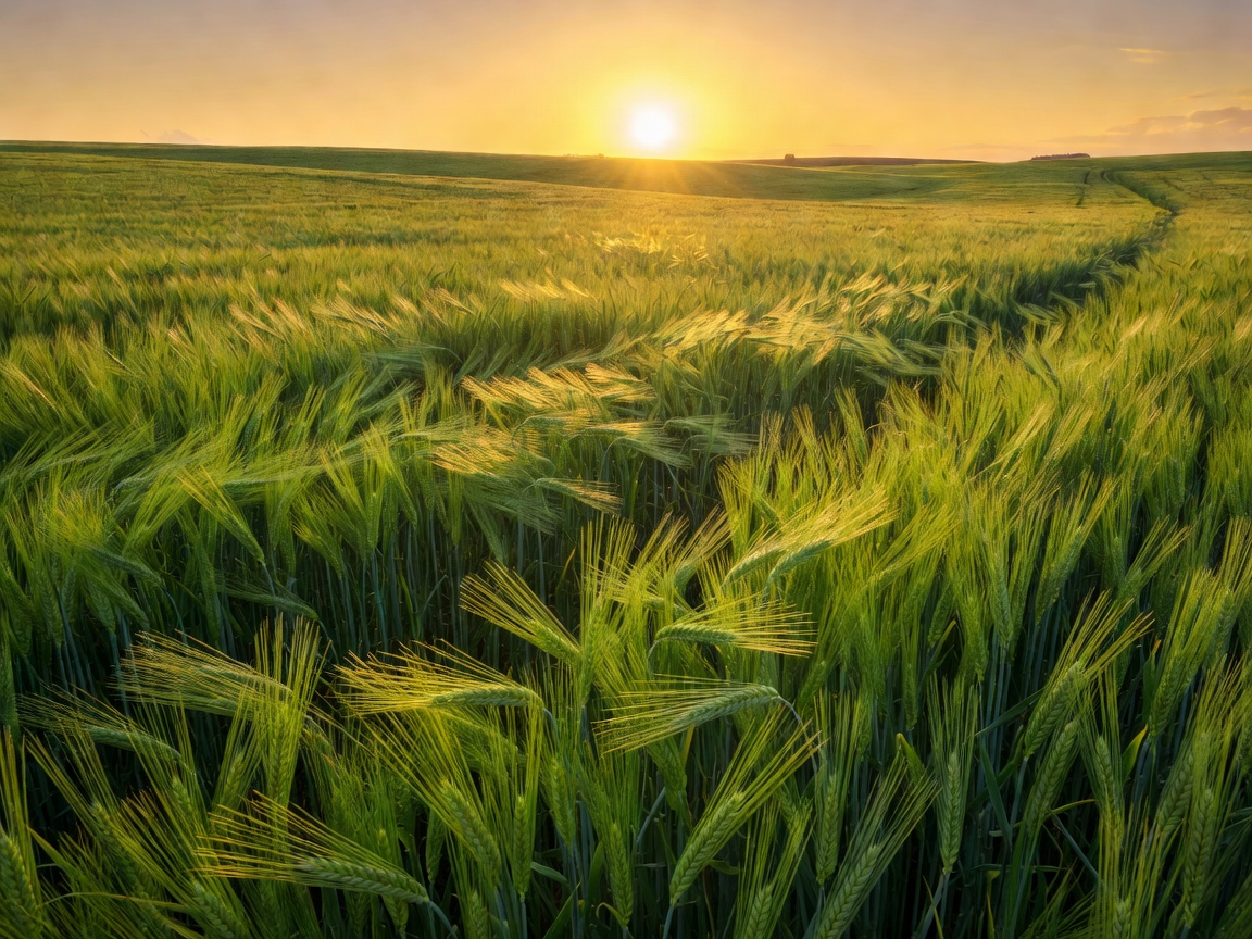 Lush green wheat field blowing under gold sun.